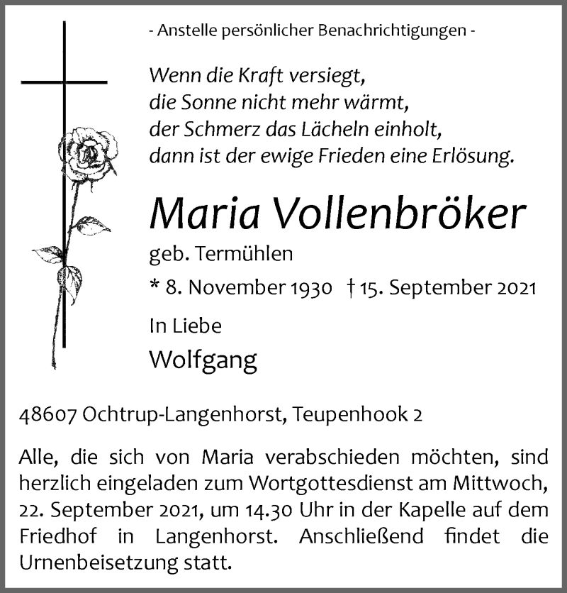  Traueranzeige für Maria Vollenbröker vom 18.09.2021 aus 