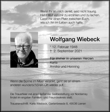Anzeige von Wolfgang Wiebeck 