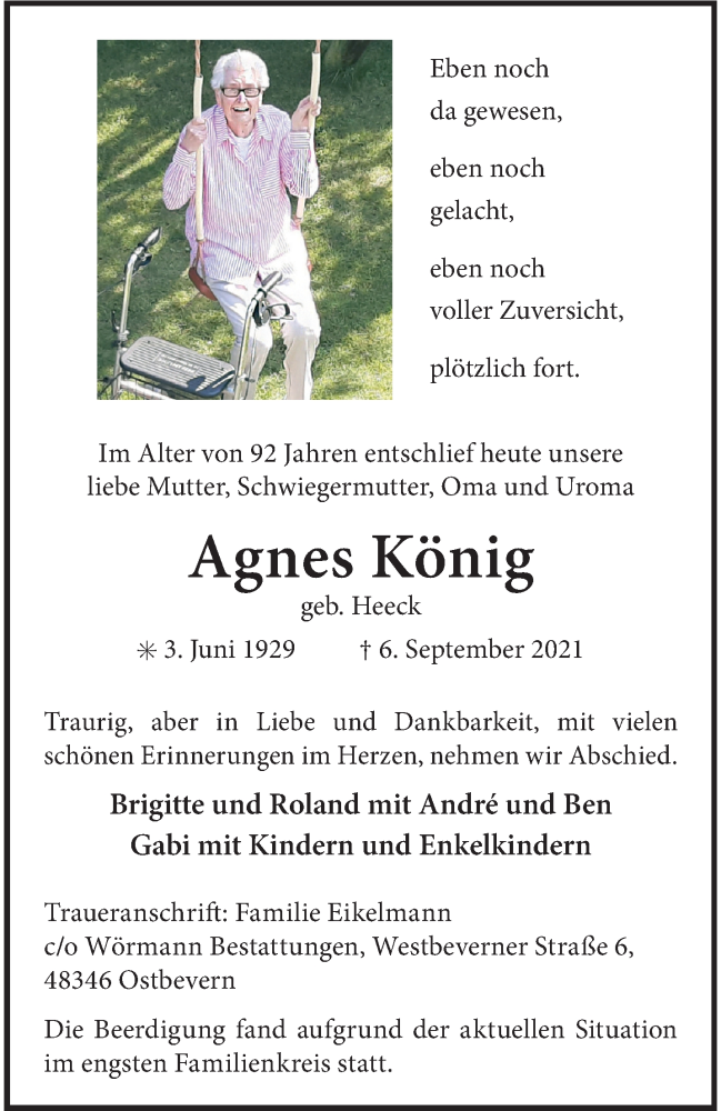  Traueranzeige für Agnes König vom 22.09.2021 aus 