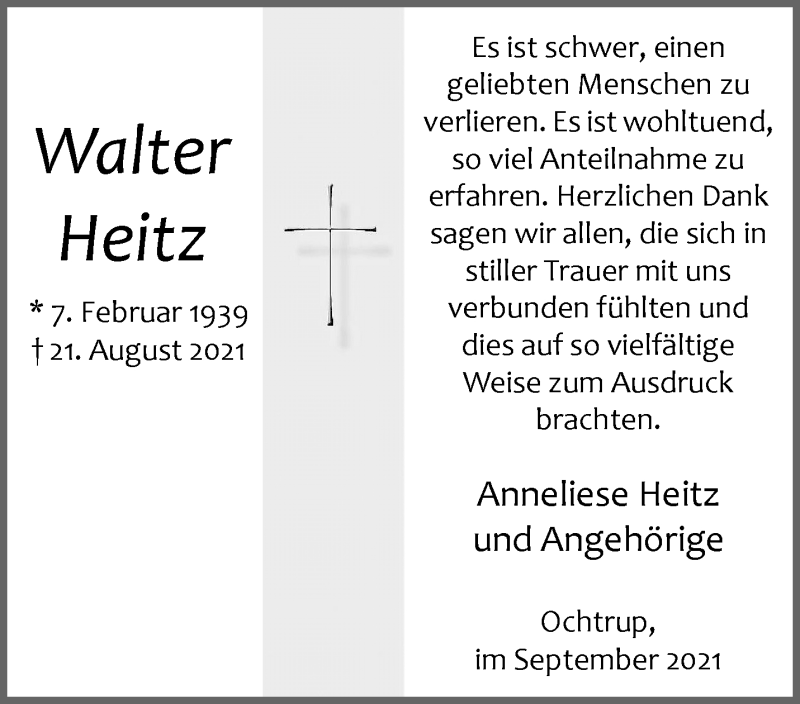  Traueranzeige für Walter Heitz vom 15.09.2021 aus 