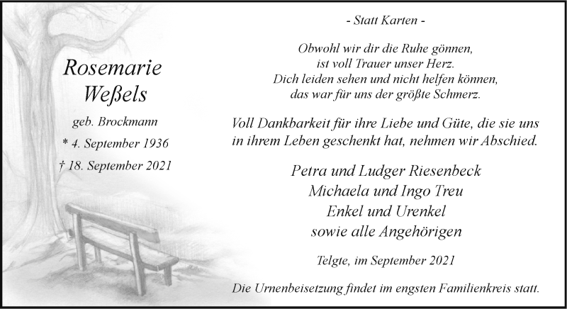  Traueranzeige für Rosemarie Weßels vom 25.09.2021 aus 