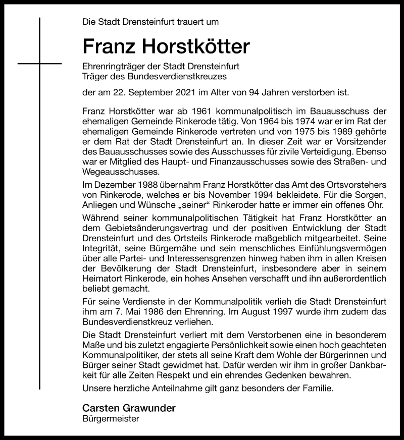  Traueranzeige für Franz Horstkötter vom 25.09.2021 aus 