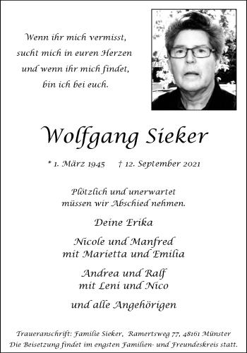 Anzeige von Wolfgang Sieker 