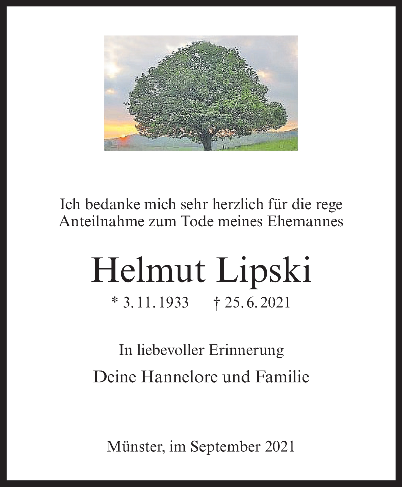  Traueranzeige für Helmut Lipski vom 11.09.2021 aus 