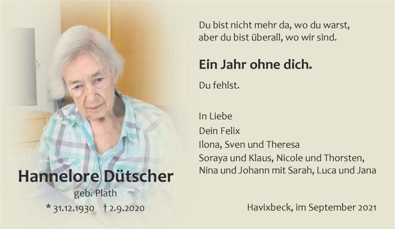  Traueranzeige für Hannelore Dütscher vom 02.09.2021 aus 