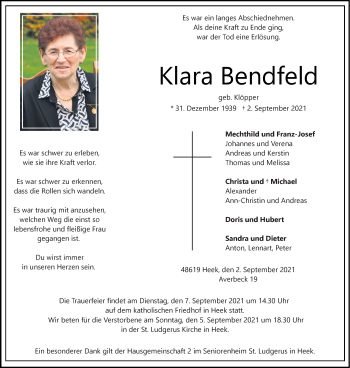 Anzeige von Klara Bendfeld 