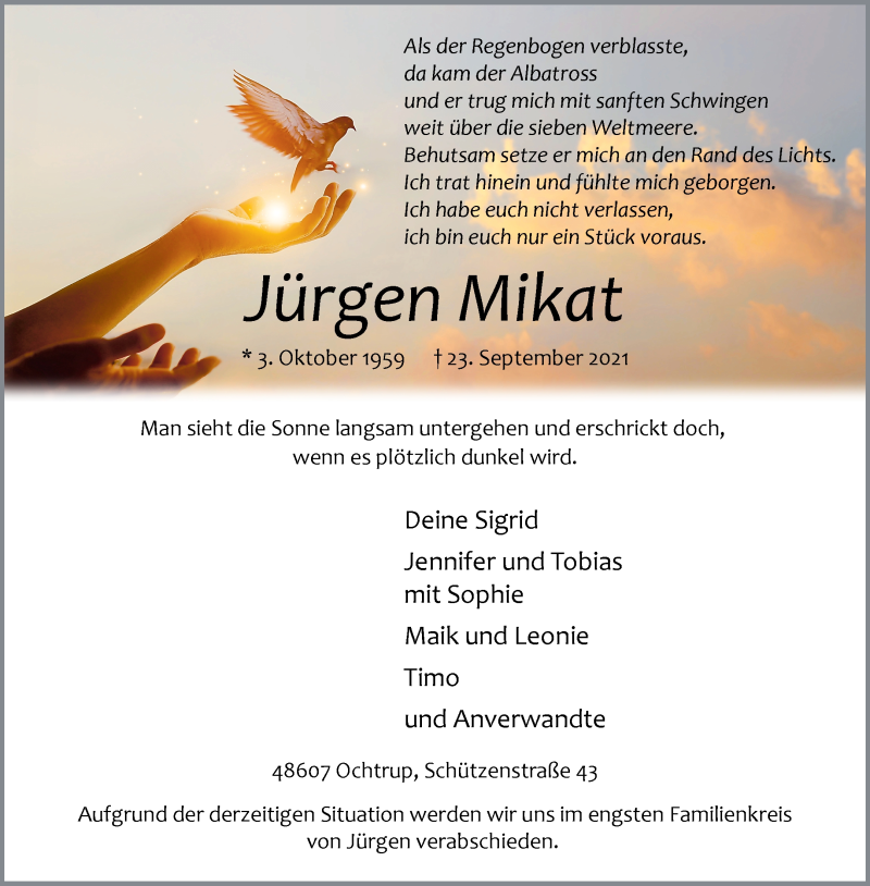  Traueranzeige für Jürgen Mikat vom 25.09.2021 aus 