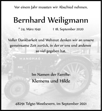 Anzeige von Bernhard Weiligmann 