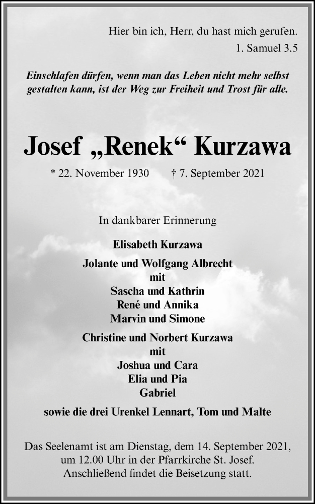  Traueranzeige für Josef Renek Kurzawa vom 11.09.2021 aus 