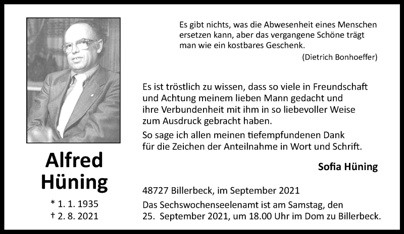  Traueranzeige für Alfred Hüning vom 22.09.2021 aus 