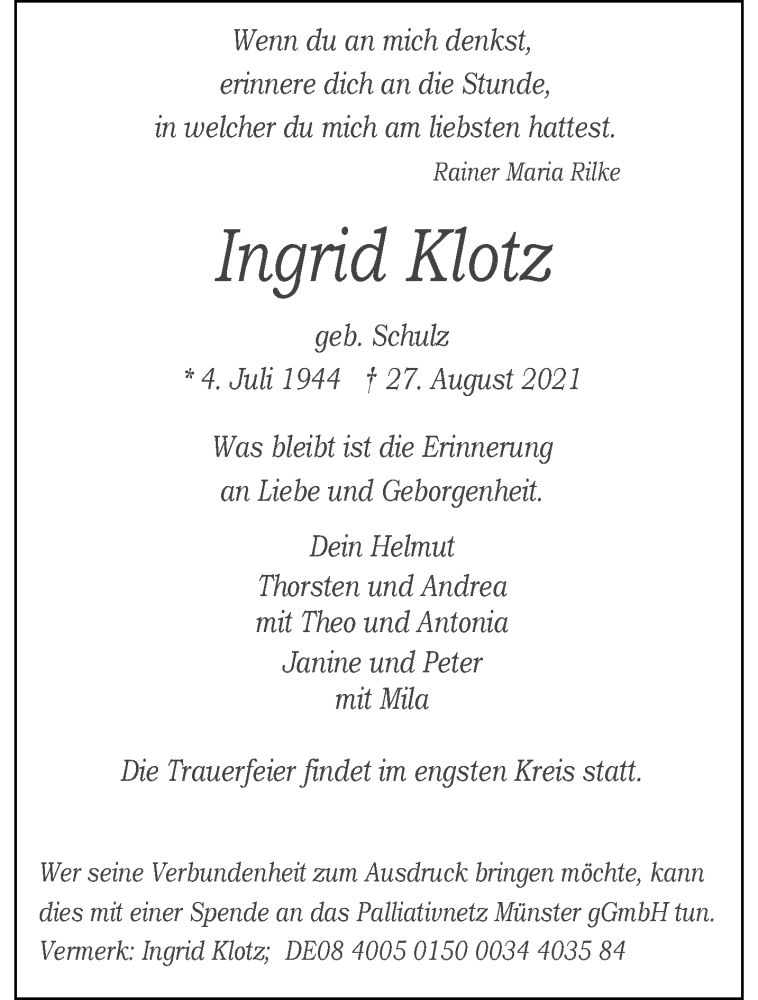  Traueranzeige für Ingrid Klotz vom 04.09.2021 aus 