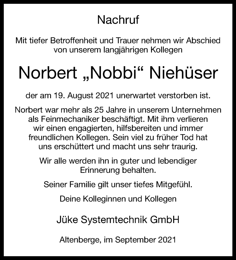  Traueranzeige für Norbert Niehüser vom 01.09.2021 aus 