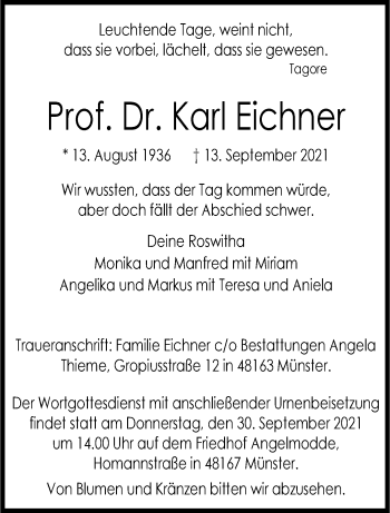 Anzeige von Prof. Dr. Karl Eichner 