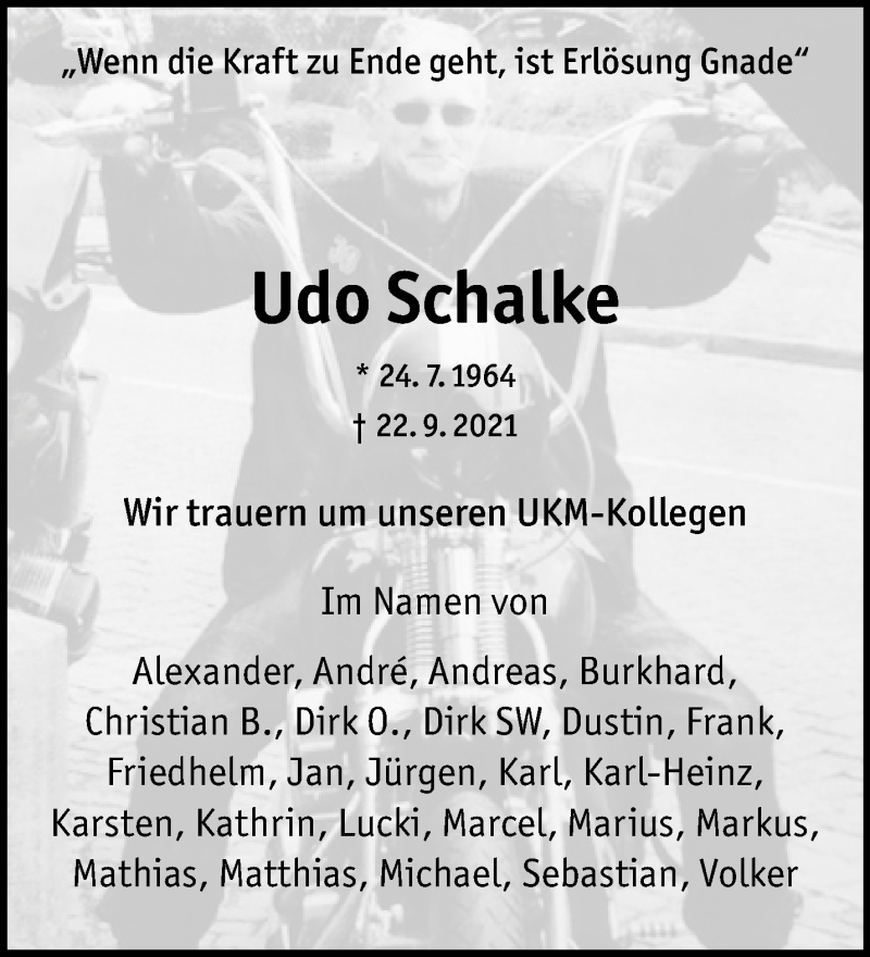  Traueranzeige für Udo Schalke vom 25.09.2021 aus 