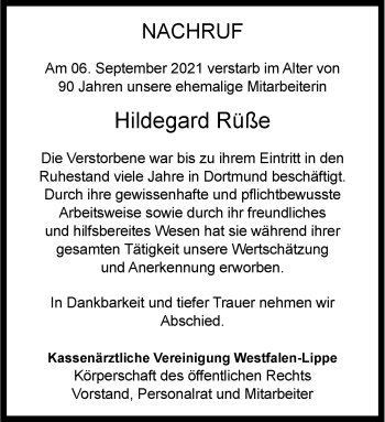 Anzeige von Hildegard Rüße 
