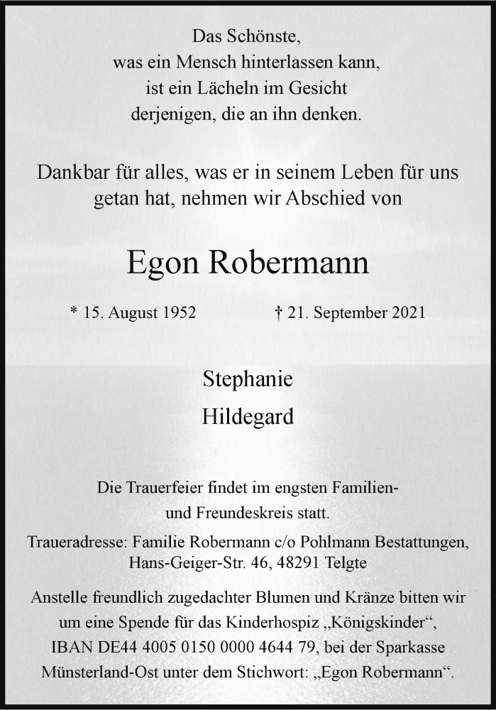  Traueranzeige für Egon Robermann vom 25.09.2021 aus 