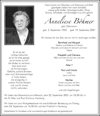 Anzeige von Anneliese Böhmer 