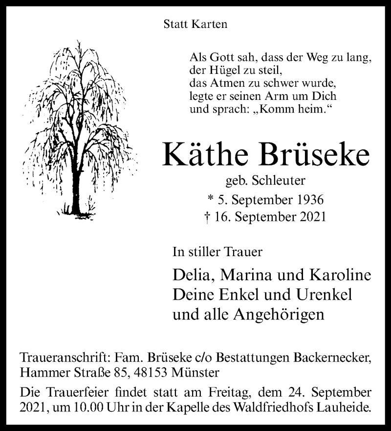  Traueranzeige für Käthe Brüseke vom 18.09.2021 aus 