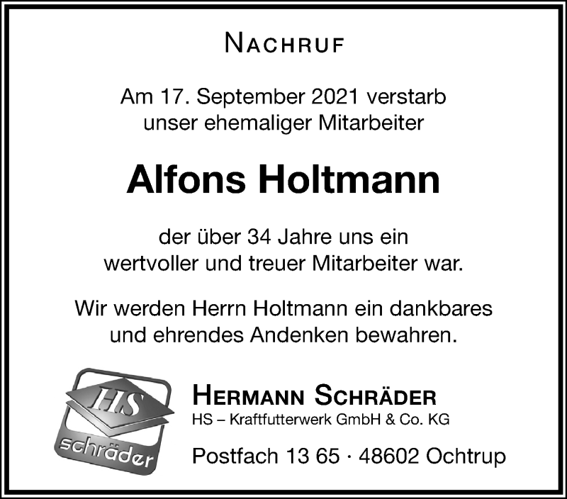  Traueranzeige für Alfons Holtmann vom 25.09.2021 aus 