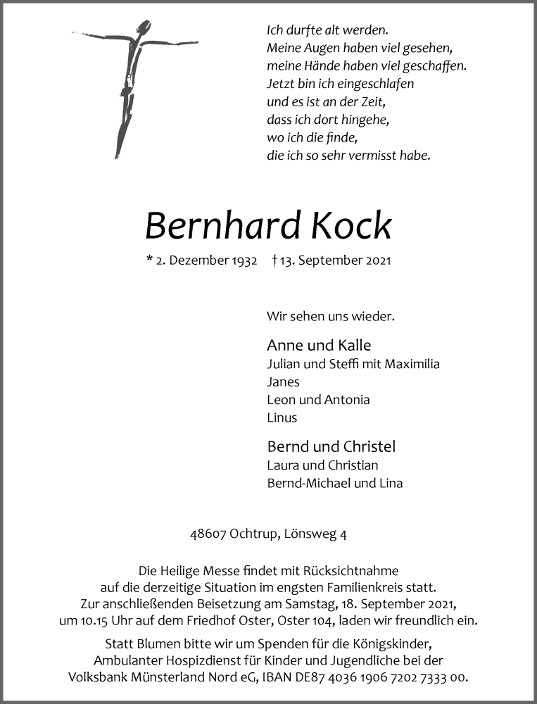  Traueranzeige für Gertrud Kock vom 15.09.2021 aus 