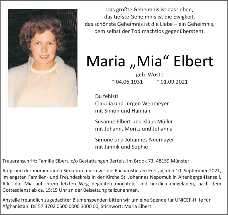  Traueranzeige für Maria Elbert vom 04.09.2021 aus 