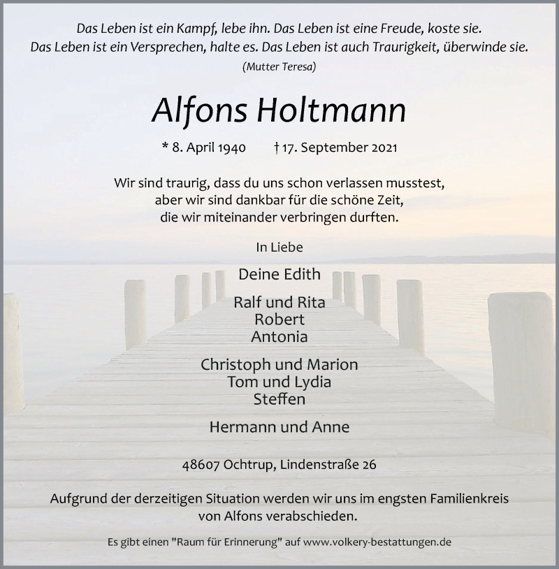  Traueranzeige für Alfons Holtmann vom 22.09.2021 aus 