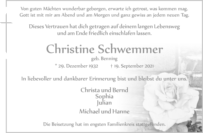  Traueranzeige für Christine Schwemmer vom 25.09.2021 aus 
