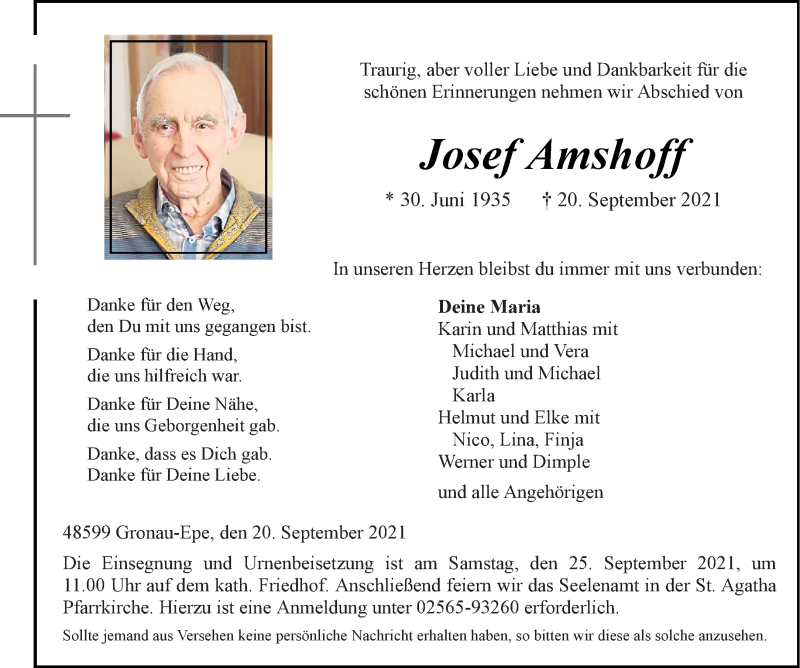  Traueranzeige für Josef Amshoff vom 22.09.2021 aus 
