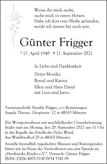 Anzeige von Günter Frigger 
