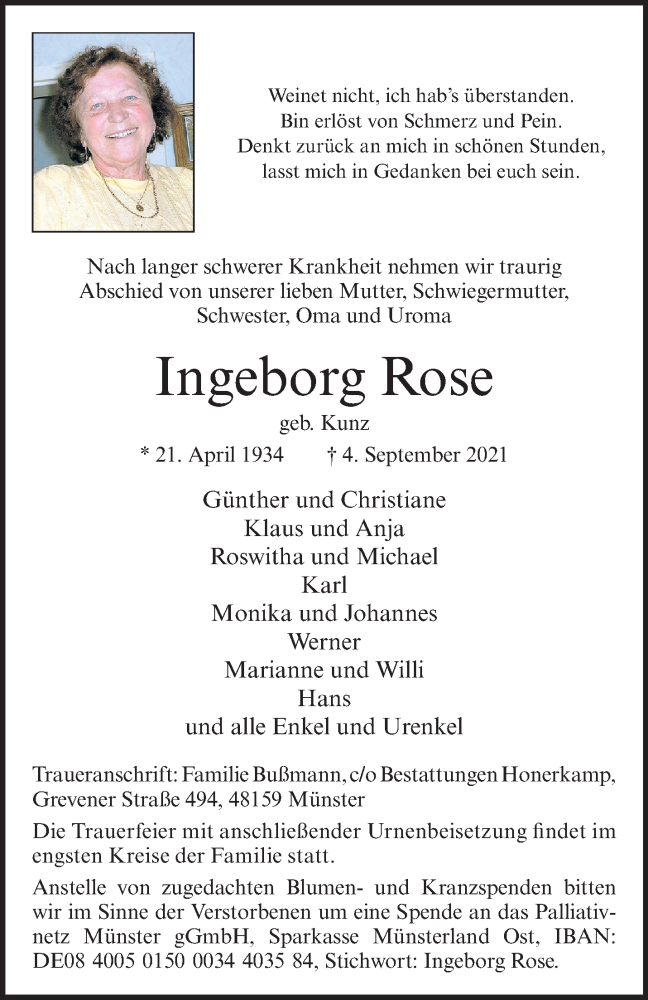  Traueranzeige für Ingeborg Rose vom 10.09.2021 aus 
