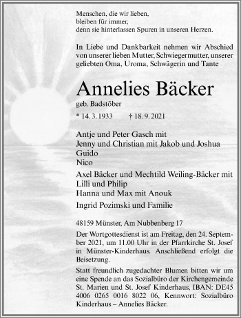Anzeige von Annelies Bäcker 