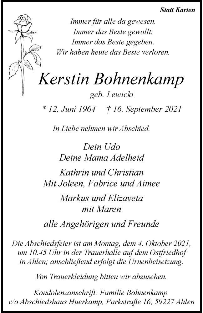  Traueranzeige für Kerstin Bohnenkamp vom 22.09.2021 aus 