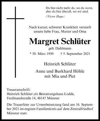 Anzeige von Margret Schlüter 