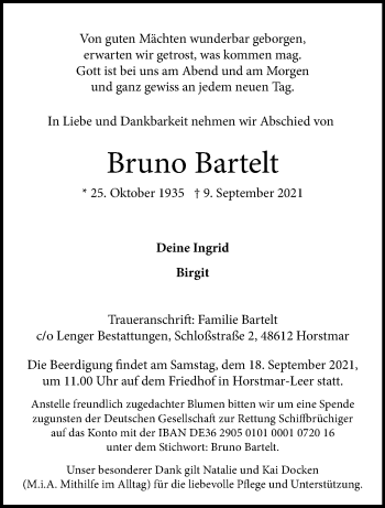 Anzeige von Bruno Bartelt 