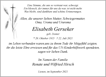Anzeige von Elisabeth Gerseker 