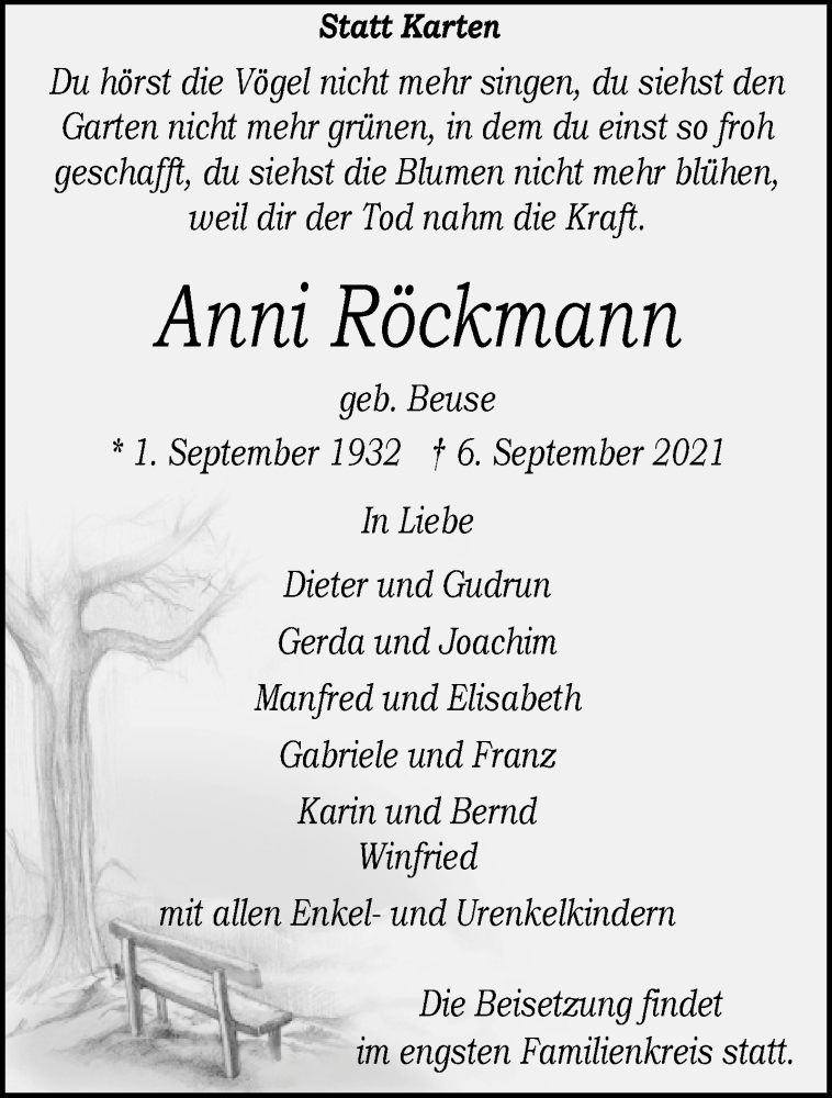  Traueranzeige für Anni Röckmann vom 11.09.2021 aus 