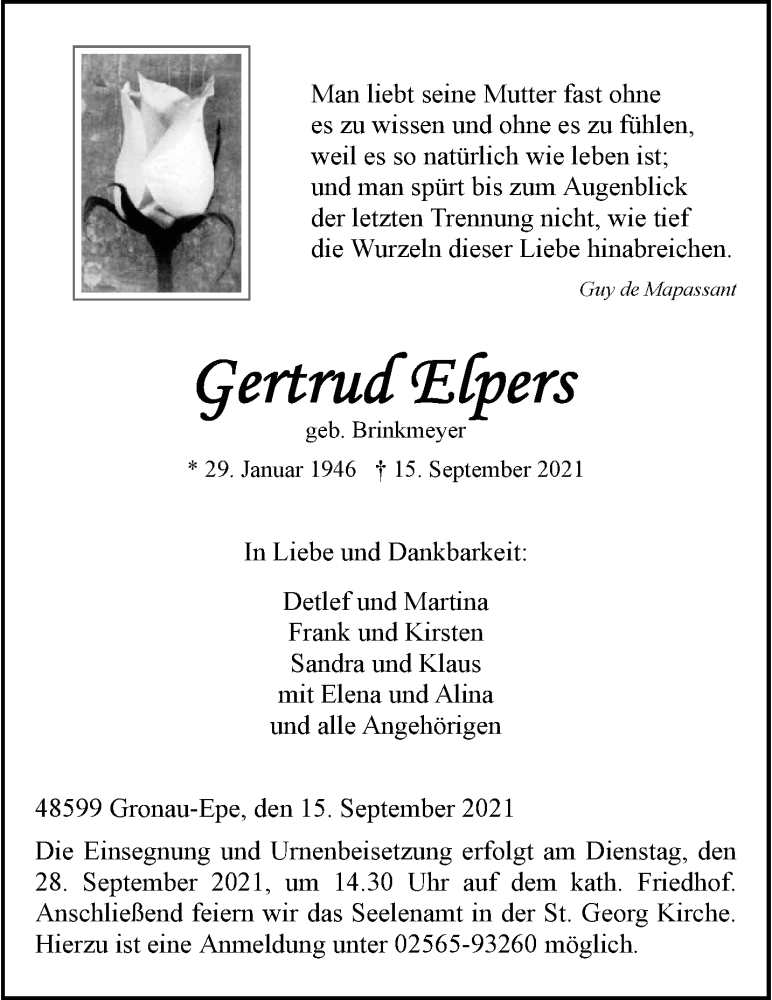  Traueranzeige für Gertrud Elpers vom 22.09.2021 aus 