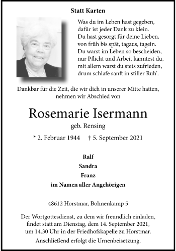 Anzeige von Rosemarie Isermann 