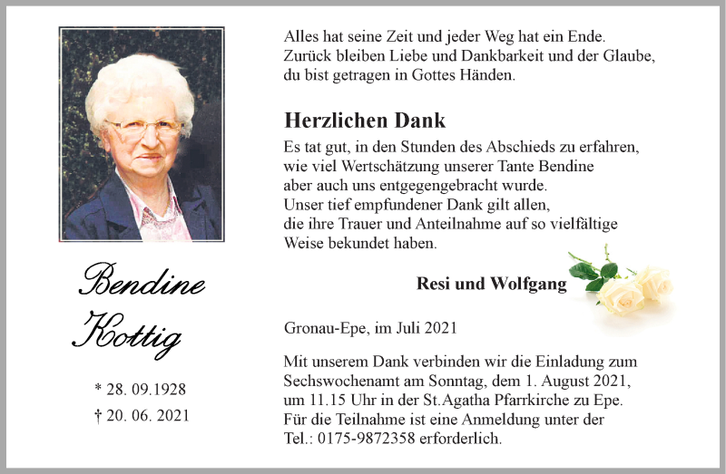  Traueranzeige für Bendine Kottig vom 24.07.2021 aus 