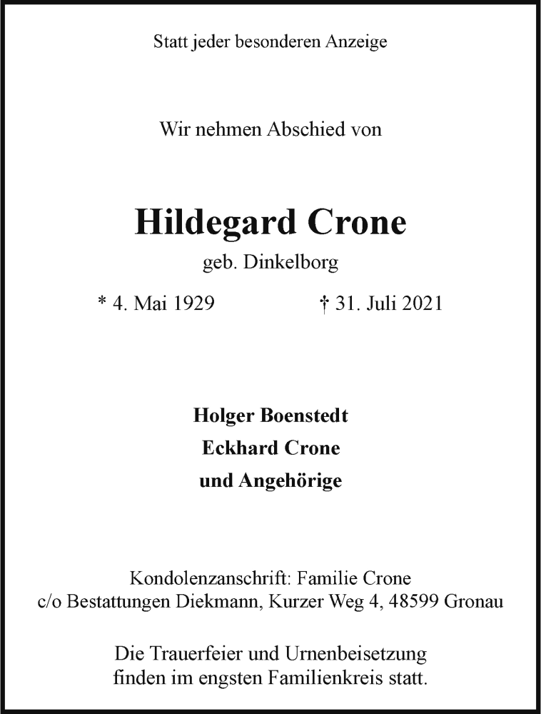  Traueranzeige für Hildegard Crone vom 11.09.2021 aus 