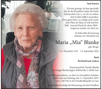 Anzeige von Maria Mia Blanke 