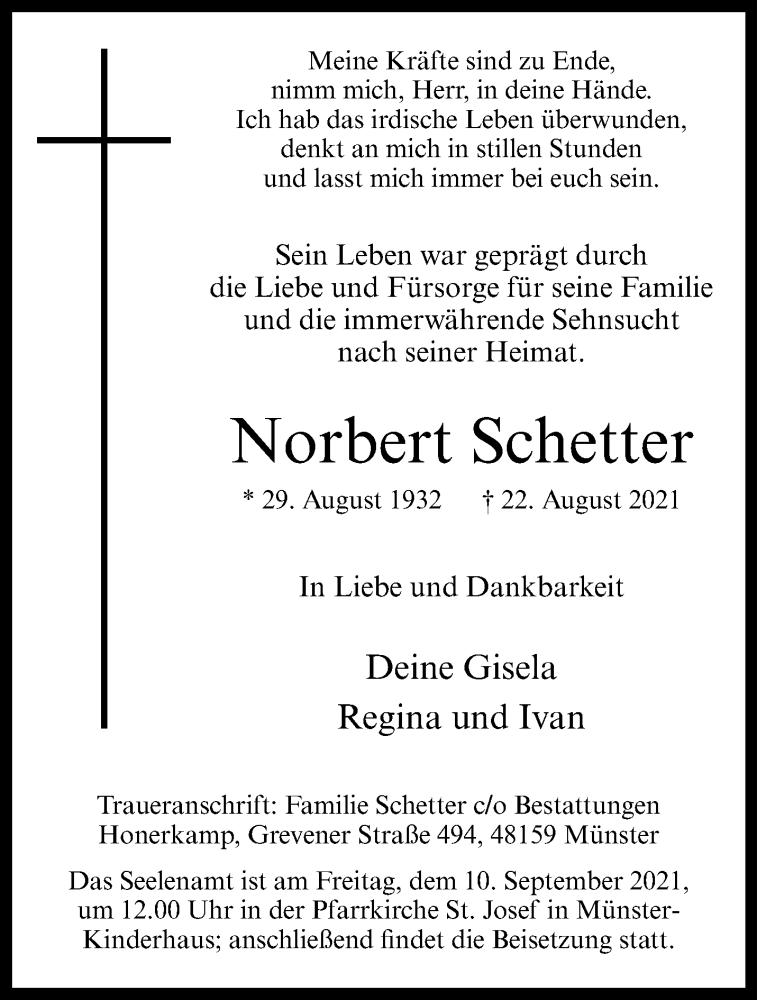  Traueranzeige für Norbert Schetter vom 04.09.2021 aus 