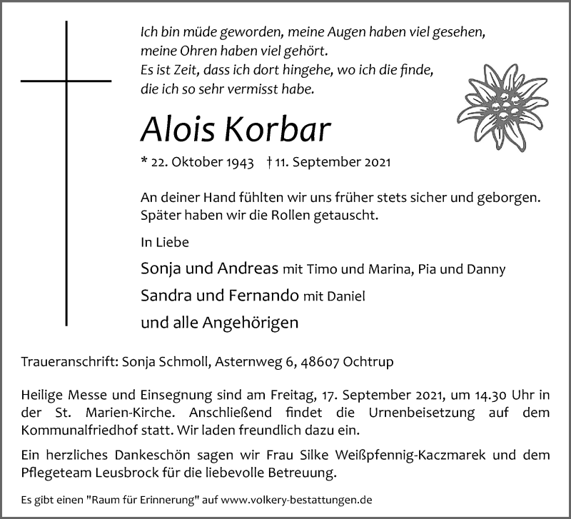  Traueranzeige für Alois Korbar vom 14.09.2021 aus 