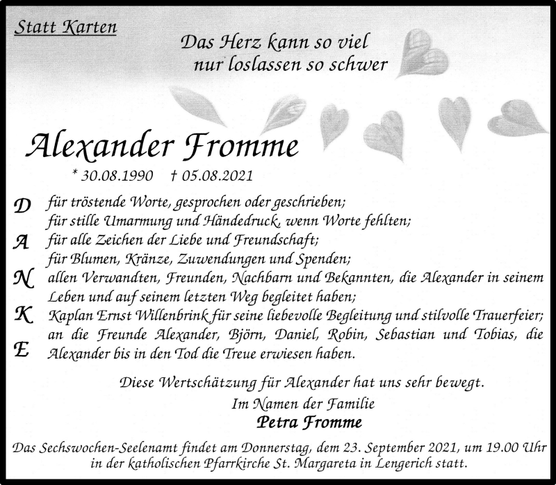  Traueranzeige für Alexander Fromme vom 18.09.2021 aus 