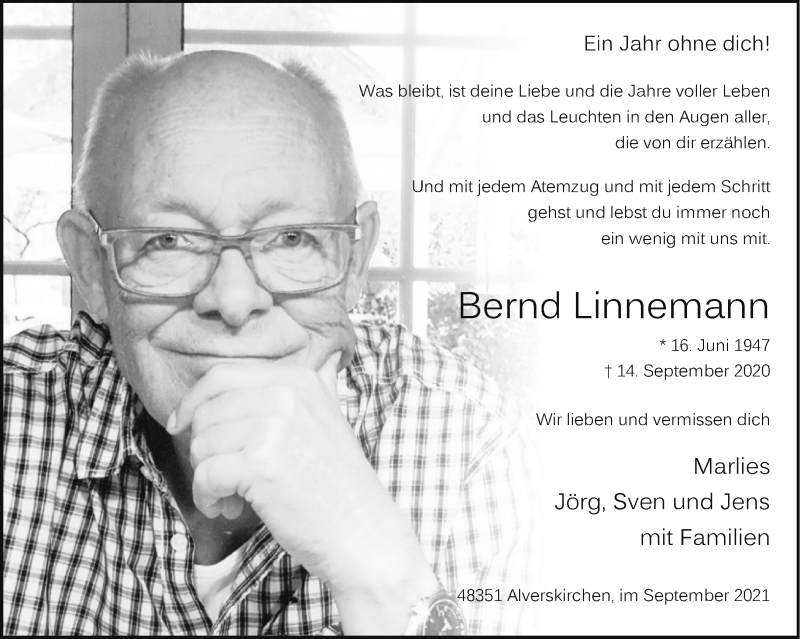  Traueranzeige für Bernd Linnemann vom 15.09.2021 aus 