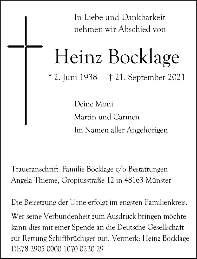  Traueranzeige für Heinz Bocklage vom 25.09.2021 aus 