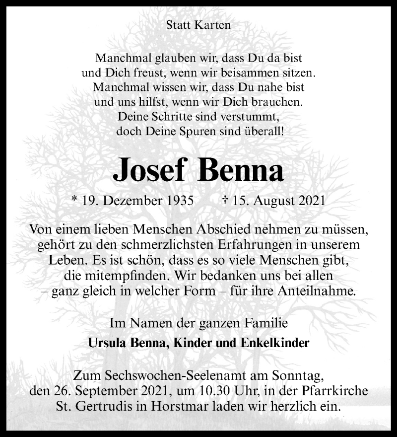  Traueranzeige für Josef Benna vom 22.09.2021 aus 