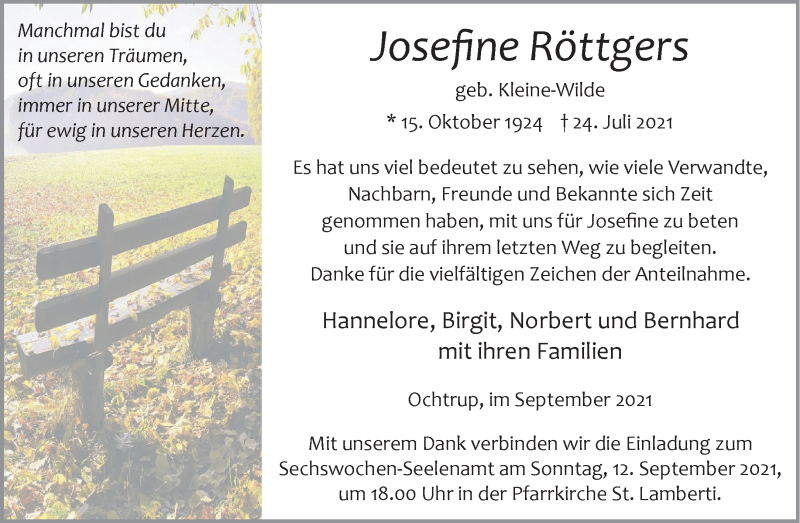  Traueranzeige für Josefine Röttgers vom 08.09.2021 aus 