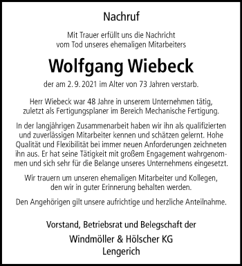 Anzeige von Wolfgang Wiebeck 