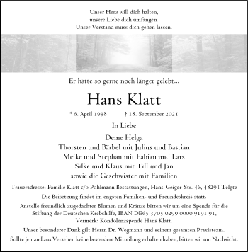Anzeige von Hans Klatt 